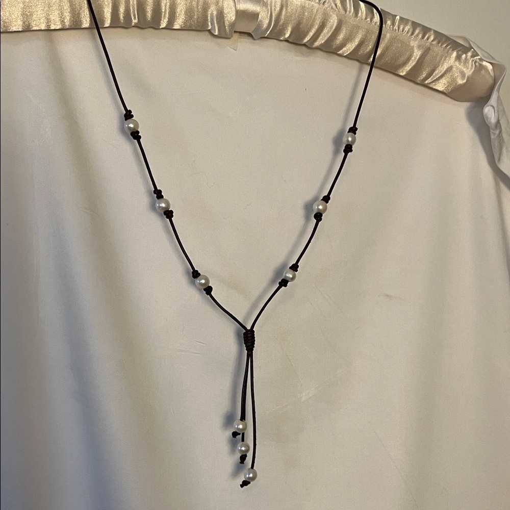 Elegant Brown Cord and Pearl Necklace